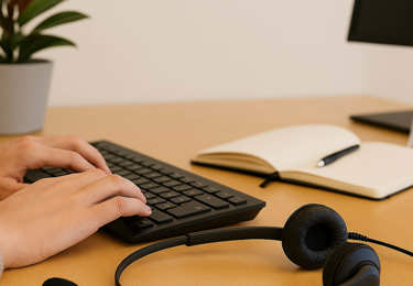 Händer på ett tangentbord, headset på ett skrivbord. Kontorsmiljö.