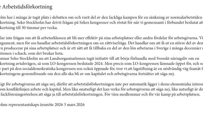 Seko Stockholms uttalande rörandes arbetstidsförkortning
