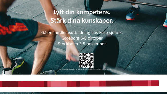 Tyngdlyftare med en text om att lyfta sin kompetens och stärka sina kunskaper. En QR-kod till ansökningssida för höstens medlemsutbildningar