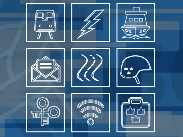 Symboler för Sekos nio branscher i tre rader med tre symboler i varje rad, mot en blå bakgrund.
