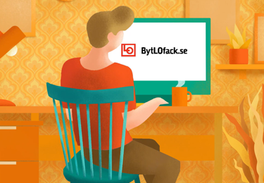 Grafik med en person sittande vid ett skrivbord framför en dator som har texten BytLOfack.se på skärmen