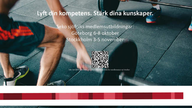 Tyngdlyftare med en text om att lyfta sin kompetens och stärka sina kunskaper. En QR-kod till ansökningssida för höstens medlemsutbildningar