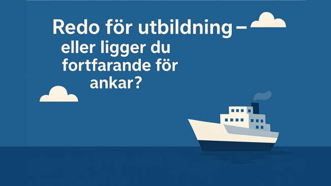 Tecknad båt på havet. Text som handlar om att anmäla sig till utbildning