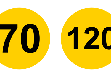 Hastighetsskylt för tåg 70 á 120 km/h